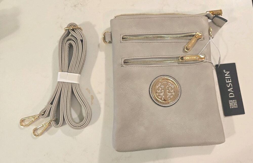 DASEIN BRAND NEW CROSSBODY BAG 9 1/4" x 7 1/2" Very light Gray purse 3 Zip Areas
